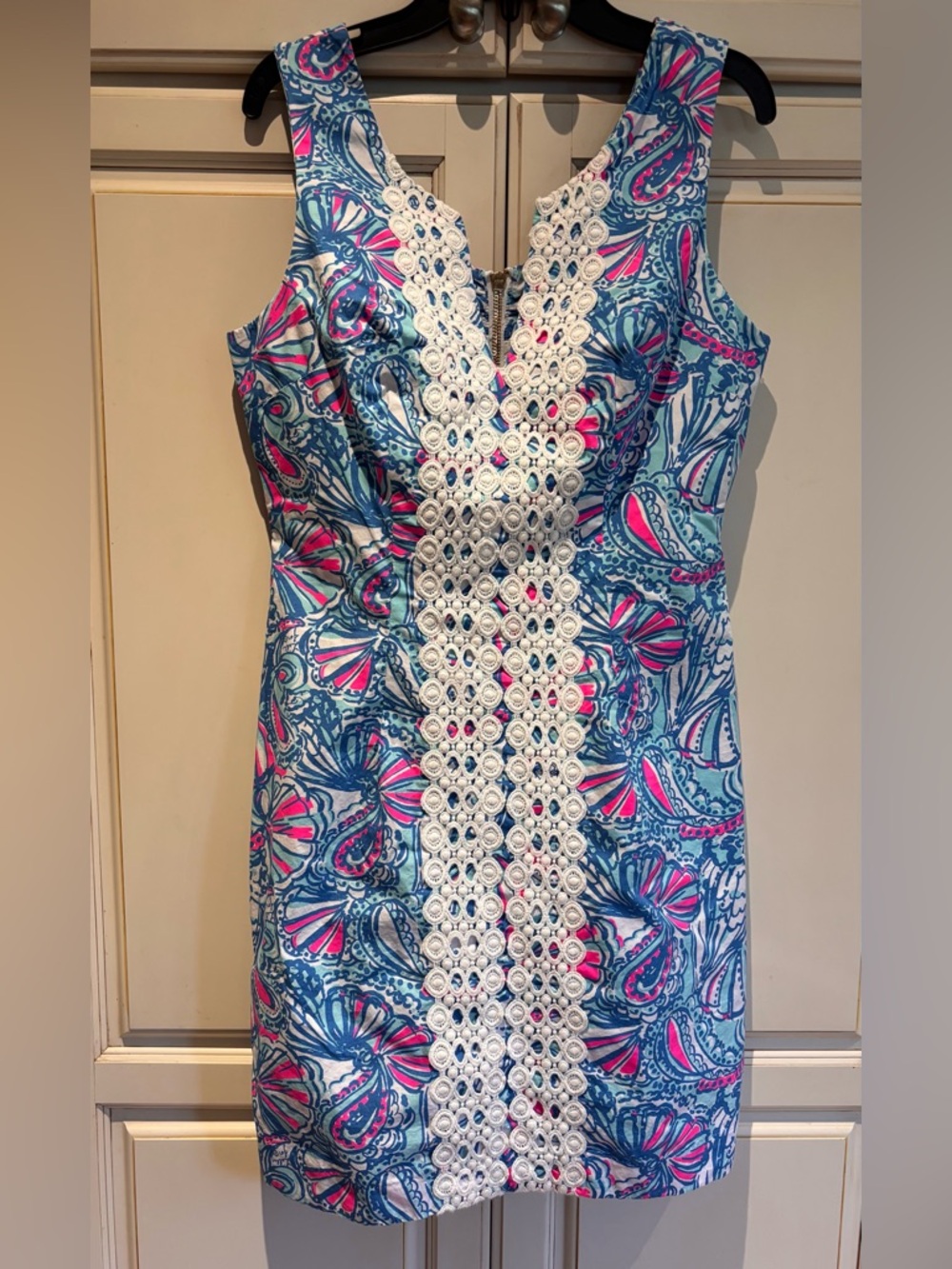 Sleeveless Blue & Pink Printed Sheath Dress with White Crochet Trim